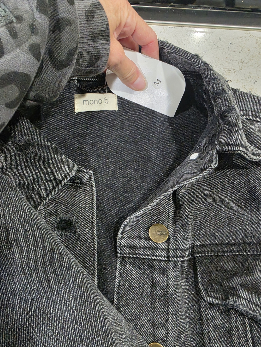 Mono B Distressed Black Washed Cropped Denim Jacket - Picture 5 of 6